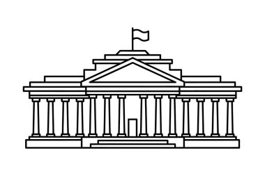 Tasarım projelerinde çok yönlü kullanım için beyaz bir zemin üzerinde belirgin sütunlar ve bir bayrak bulunan büyük neoklasik bir binanın temiz, minimalist bir tasviri..