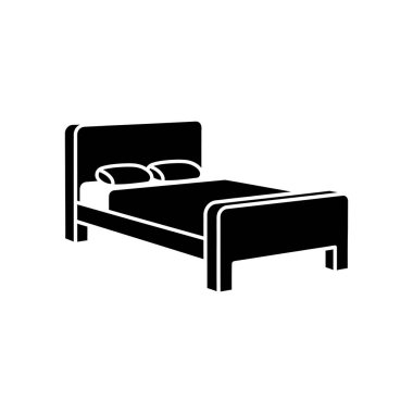 Yatağı temsil eden minimalist siyah bir ikon, iki yastıkla tamamlanmış. Bu basit grafik ev, konukseverlik veya dinlenme ve rahatlama ile ilgili tasarımlar için idealdir..