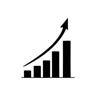 Yukarı doğru eğimli bir ok ile bir bar tablosunu tasvir eden, finansal büyümeyi, iş ilerlemesini ve olumlu ekonomik eğilimleri sembolize eden minimalist bir siyah beyaz grafik.