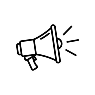 Ses dalgaları yayan, kamuoyu duyurusunu, terfiyi ya da etkili iletişim çağrısını temsil eden bir megafonun temiz çizgi sanat simgesi.