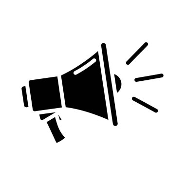 Bir megafonun cesur siyah siluet simgesi, ses dalgaları yayıyor, halkın duyurusunu, tanıtımını ya da etkili iletişim çağrısını simgeliyor..