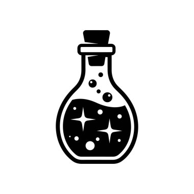 Işıl ışıl sıvı ve kabarcıklarla dolu bir iksir şişesinin siyah beyaz çizimi büyü, bilim ve deney temalarını çağrıştırıyor. Fantezi veya yaratıcı projeler için ideal.