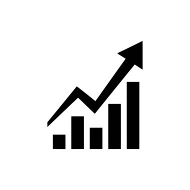 Finansal büyümeyi ve olumlu iş eğilimlerini temsil eden basit bir siyah simge. Piyasadaki başarıyı ve ilerlemeyi sembolize eden yukarı bakan bir ok ile bir çubuk çizelgesi.