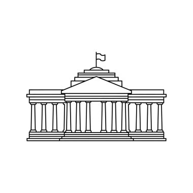 Çatıda belirgin sütunlar, bir pedikür ve bir bayrak bulunan klasik bir binanın tasviri. Bu ikonik yapı hükümeti veya yasayı temsil ediyor.