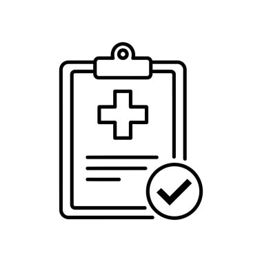 Kırmızı haç sembolü ve yeşil işaretli bir tıbbi pano tasvir eden bir taslak simgesi, tamamlanmış veya onaylanmış bir sağlık kaydı veya reçetesi anlamına gelir.