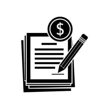 Bir dolar işareti ve kalemle finansal bir belgeyi temsil eden siyah beyaz bir simge, bir iş alışverişini ya da anlaşmayı simgeliyor. Beyaz bir arkaplanda izole edilmiş.