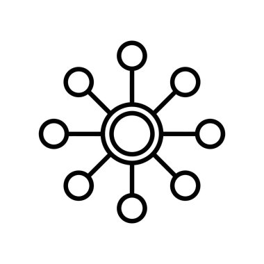 Birden fazla düğüme bağlı merkezi bir merkezi tasvir eden minimalist bir simge, beyaz bir arkaplanda izole edilmiş ağları, bağlantıları ve iletişimi simgeliyor.