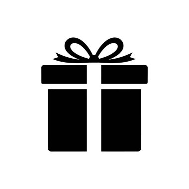 Hediye paketi, kurdele ve fiyonkla bağlanmış siyah bir siluet hediye ya da sürprizi temsil ediyor. Bu simge kolay kullanım için temiz beyaz bir arkaplanda izole edilmiştir.