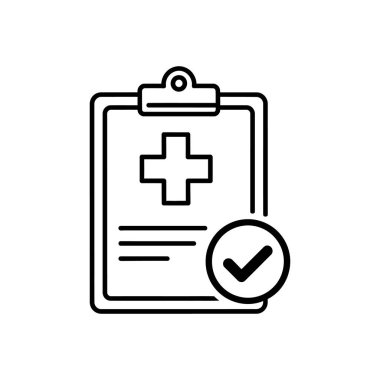 Sağlık sicilinin onaylanması ya da tamamlanması anlamına gelen üzerinde haç sembolü ve işaret olan bir tıbbi panonun siyah beyaz çizgisi. Beyaz bir arkaplanda izole edilmiş.