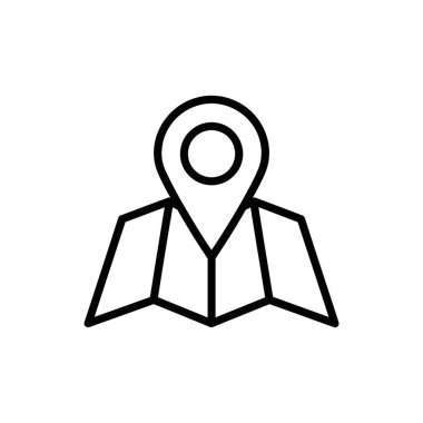 Belirgin bir lokasyon iğnesiyle katlanmış bir harita tasvir eden temiz bir siyah çizgi sanat simgesi, ilgi odağı ya da hedef noktasını simgeliyor. Seyahat, navigasyon ve arama ile ilgili konular için ideal.