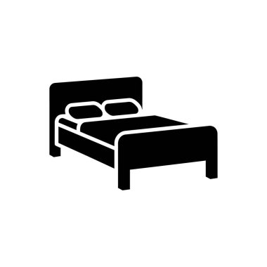 Temiz, minimalist siyah bir ikon iki yastıklı bir yatak ve yatak tasvir ediyor. Bu grafik saf beyaz arkaplanda izole edilmiş, web tasarımı veya yazdırma için mükemmel..