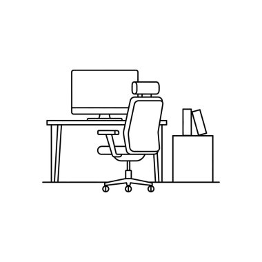 Tipik bir ofis masası kurulumunu tasvir eden temiz, çizgi sanatı bir bilgisayar, ergonomik sandalye ve üretkenliği gösteren küçük bir kitap yığını..