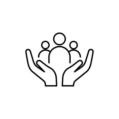 Temiz bir çizgi resim ikonu, iki açık elin üç stilize insan figüründen oluşan bir grubu desteklediğini ve kapsadığını gösteriyor..