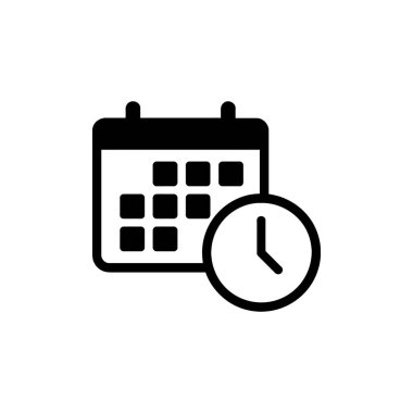 Bir takvim ve saati temsil eden siyah beyaz bir simge, zaman yönetimini, zamanlamayı ve teslim tarihlerini sembolize ediyor. Bu grafik iş ve planlama bağlamları için mükemmeldir.