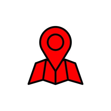 Hareketli bir kırmızı harita simgesi stilize edilmiş, katlanmış bir harita üzerinde konumlandırılmış, konum bulma, navigasyon ve seyahat planlama açık, izole bir grafik.