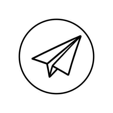 Bir kağıt uçağın minimalist siyah beyaz çizimi, iletişimi, seyahati ve hayal gücünü sembolize ediyor, temiz dairesel bir çerçeve içinde sunuluyor..