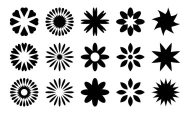 Yıldız patlaması ve çiçek desenleri içeren 15 eşsiz siyah beyaz element. Tasarımlara dekoratif yetenekler eklemek için mükemmel. Temiz beyaz bir arkaplanda izole edilmiş..