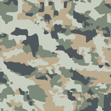 Military Camouflage Pattern Vector Art, Icons, and Graphics, Camouflage pattern featuring abstract shapes in light brown, dark green, beige, and dark gray hues. 
