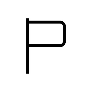 black and white Toothpick flag outline icon, Black letter P in a minimalist, bold sans-serif font on a white background.