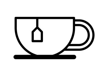 Siyah ve beyaz çay bardağı ikonu, tasarım koyu siyah çizgilerle tasvir edilmiş, saplı bir fincan içerir..