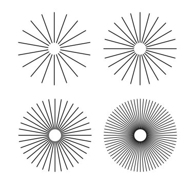 sets Radial circle lines: circular radiating geometric shapes resembling sun rays. Abstract design element. Vector illustration on a white background.