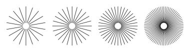 sets Radial circle lines: circular radiating geometric shapes resembling sun rays. Abstract design element. Vector illustration on a white background.
