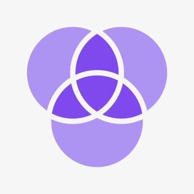 Mor venn diyagramı, üst üste binen dairelerle Venn diyagramında üç kümeli kesişme..