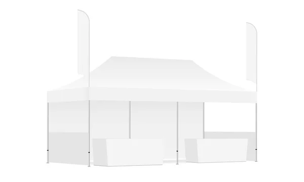 Kiosque d'exposition - tente rectangulaire, drapeaux de plumes, tables de démonstration — Image vectorielle