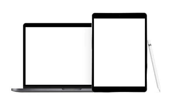 Laptop e comprimido com caneta isolada sobre fundo branco —  Vetores de Stock