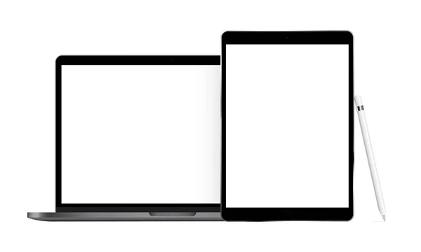 Laptopa i tabletu z rysikiem na białym tle — Wektor stockowy