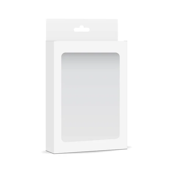 Κοροϊδεύω λευκό κενό πλαίσιο, με διαφανές παράθυρο και κρεμώντας καρτέλα - μισή πλευρά προβολή — Διανυσματικό Αρχείο