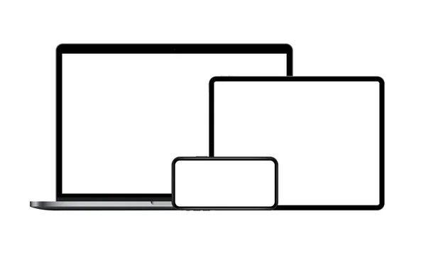 ラップトップ タブレットコンピュータ スマートフォン 空白の画面を持つ現代のデバイスのモックアップのセット ベクトルイラスト — ストックベクタ