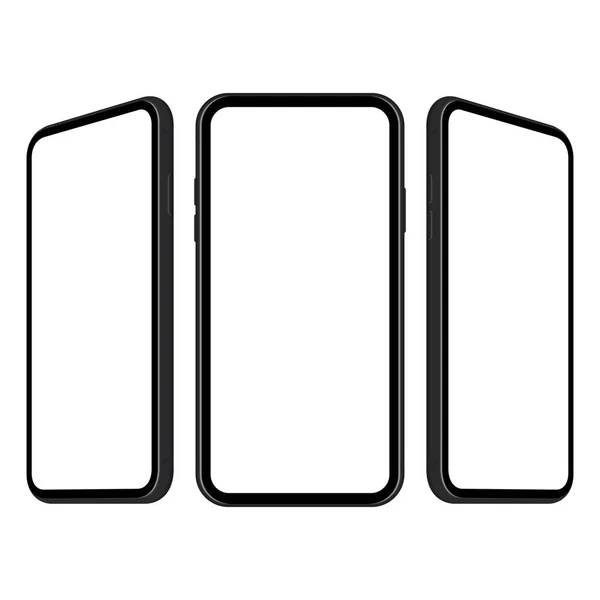 Tre Moderni Smartphone Dal Design Piatto Isolati Sfondo Bianco Illustrazione — Vettoriale Stock