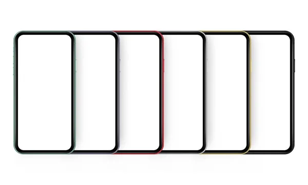 Ensemble Six Téléphones Portables Modernes Colorés Avec Écrans Vierges Illustration — Image vectorielle