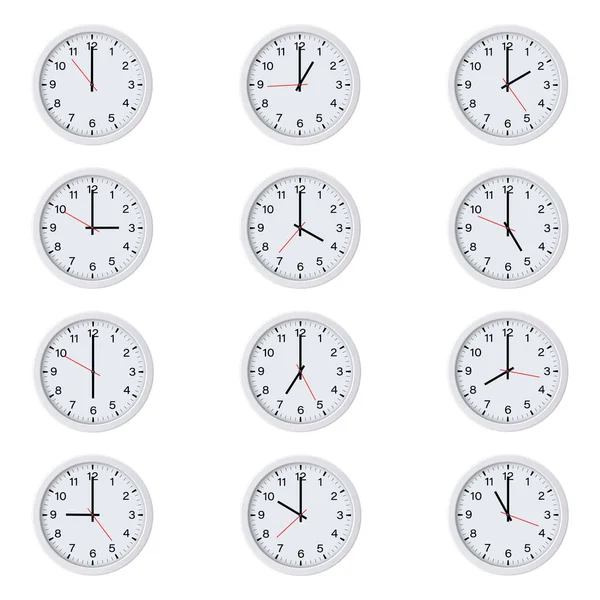 Ensemble Horloges Rondes Avec Différentes Heures Isolées Sur Fond Blanc — Image vectorielle