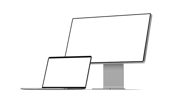 白の背景に隔離された空白の画面と現代のデスクトップPcとラップトップのモックアップ パースペクティブビュー ベクターイラスト — ストックベクタ