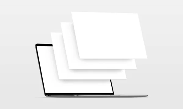 ラップトップコンピュータは 空白のワイヤーフレームページでモックアップします ウェブデザインプロジェクトを紹介するためのコンセプト ベクターイラスト — ストックベクタ