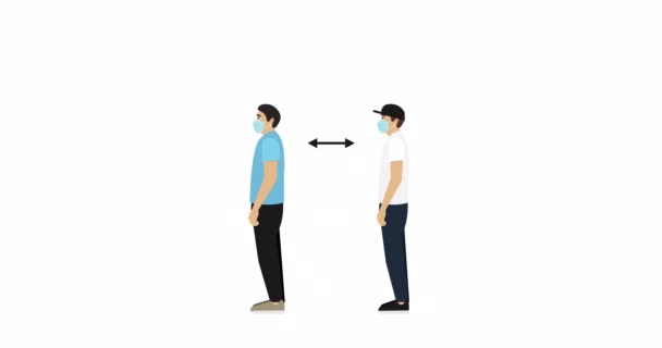 戴面具的男人正排着长队与社会保持距离 平面设计中的社会距离的动画概念 — 图库视频影像