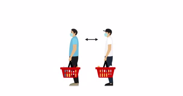 Masked Men Baskets Groceries Standing Line Keeping Social Distance Animated — Stock Video