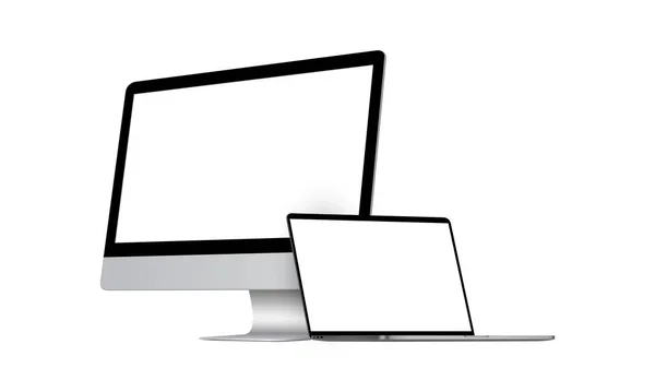 白い背景 遠近感側のビューに隔離された空白の画面とデスクトップPcとラップトップコンピュータのモックアップ ベクターイラスト — ストックベクタ