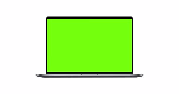 笔记本电脑黑色银色模型与绿色屏幕隔离在白色背景 具有运动放大效果的4K动画 — 图库视频影像