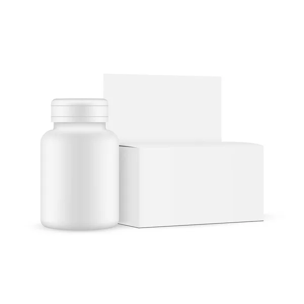 Plastflaska För Läkemedel Med Pappkartong Isolerad Vit Bakgrund Förpackningsmodell För — Stock vektor