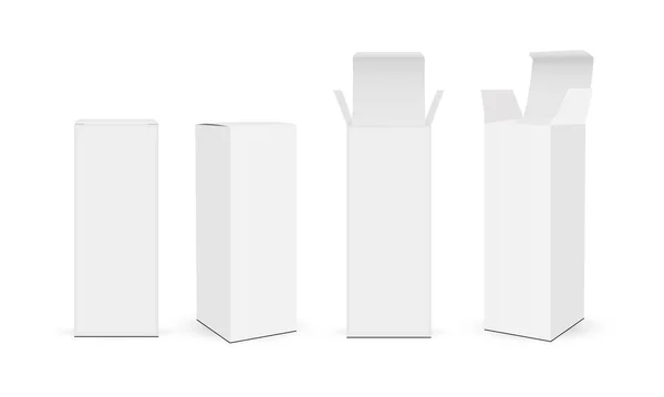 白い背景に隔離され 蓋を開けて閉じた高紙の長方形の包装箱のモックアップのセット ベクターイラスト — ストックベクタ