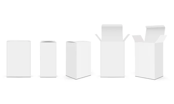 Uppsättning Papper Rektangulära Förpackningar Lådor Mockups Med Olika Vyer Isolerade — Stock vektor