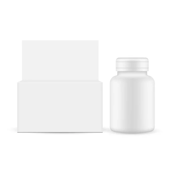 Plastflaska För Läkemedel Med Pappkartong Framsida Förpackningsmodell För Läkemedelsprodukter Vektorillustration — Stock vektor