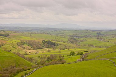 Malham. Bulutlu bir gökyüzünün altında yemyeşil bir vadi manzarası, kayan tepeler ve tarım arazileri..