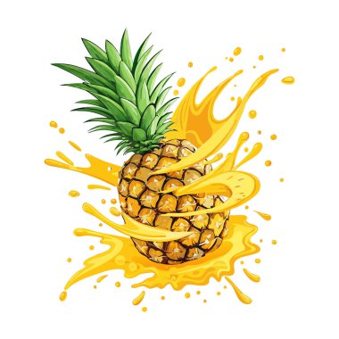 Meyve suyuyla ananas patlaması. Tropik meyve illüstrasyonu.