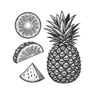 Dilimlerle Ayrıntılı İşlenmiş Ananas Çizimi