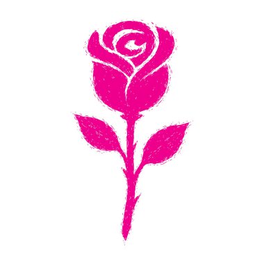 Canlı pembe gül silueti, desenli sapları ve temiz beyaz arka planda yaprakları var.