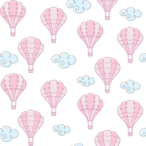 Nuvens Balões Quente Rosa Decorativos Com Corações Contas Fundo Branco — Vetor de Stock
